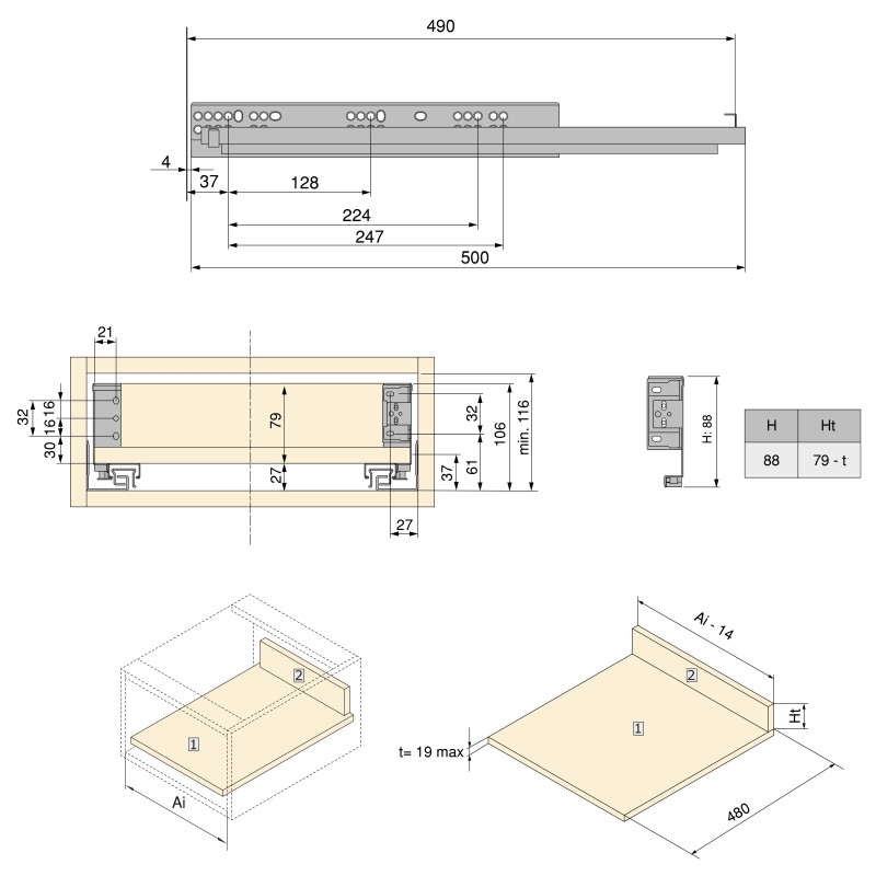 Cassetto esterno Simplex 25 kg, altezza 88 mm, profondità 490 mm, Acciaio, Grigio antracite