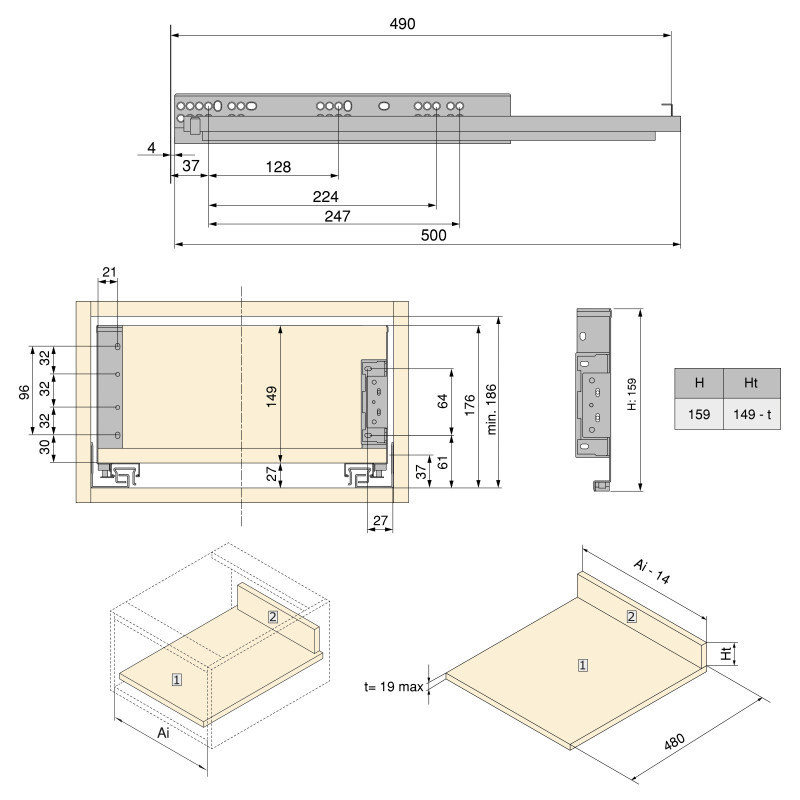Cassetto esterno Simplex 25 kg, altezza 159 mm, profondità 490 mm, Acciaio, Grigio antracite