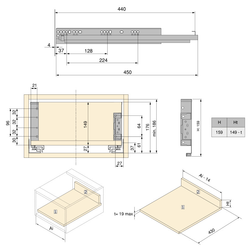 Cassetto esterno Simplex 25 kg, altezza 159 mm, profondità 490 mm, Acciaio, Verniciato bianco