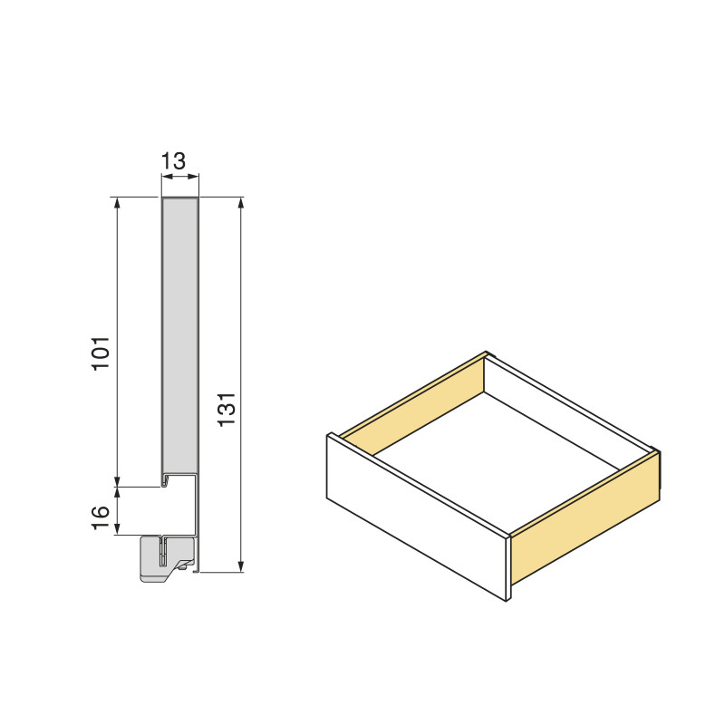 Cassetto esterno Protone 30kg, guide di estrazione totale con una chiusura soft, altezza 131mm, profondità 500mm, Acciaio