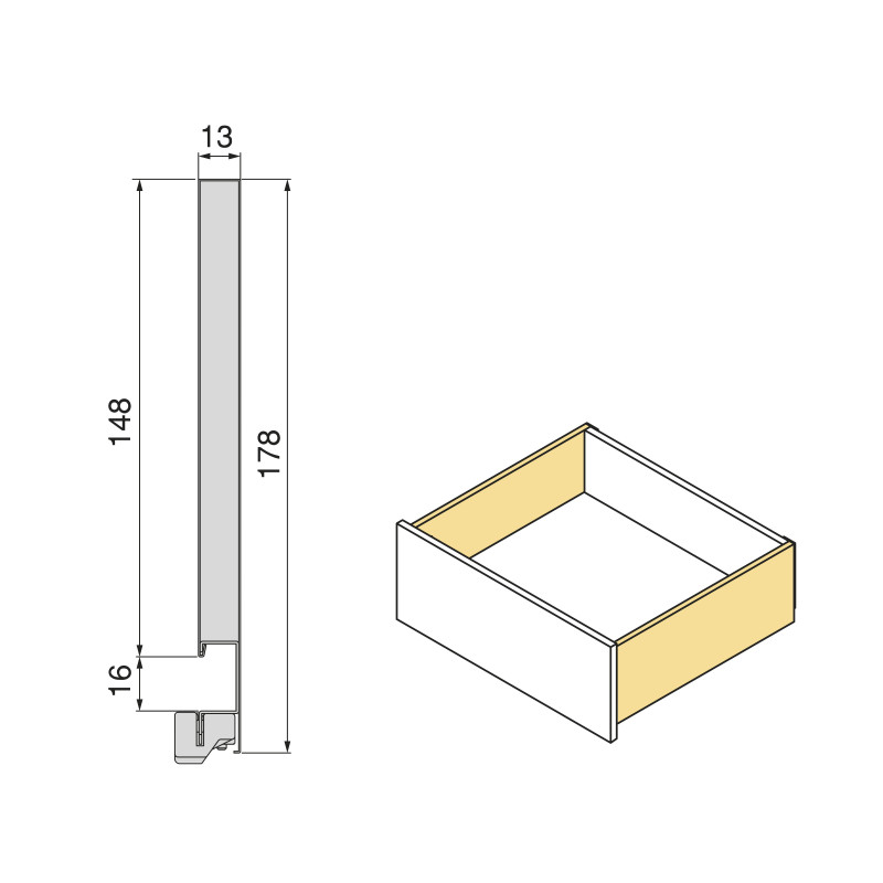 Cassetto esterno Protone 30kg, guide di estrazione totale con una chiusura soft, altezza 178mm, profondità 500mm, Acciaio
