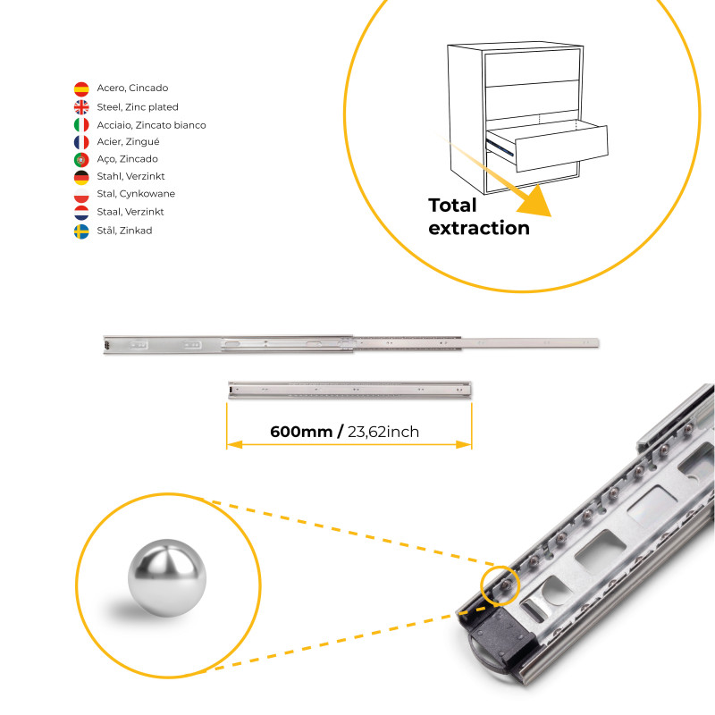 Set di guide a sfera per cassetti a estrazione totale, altezza 45 mm, L650 mm, Acciaio, Zincato bianco