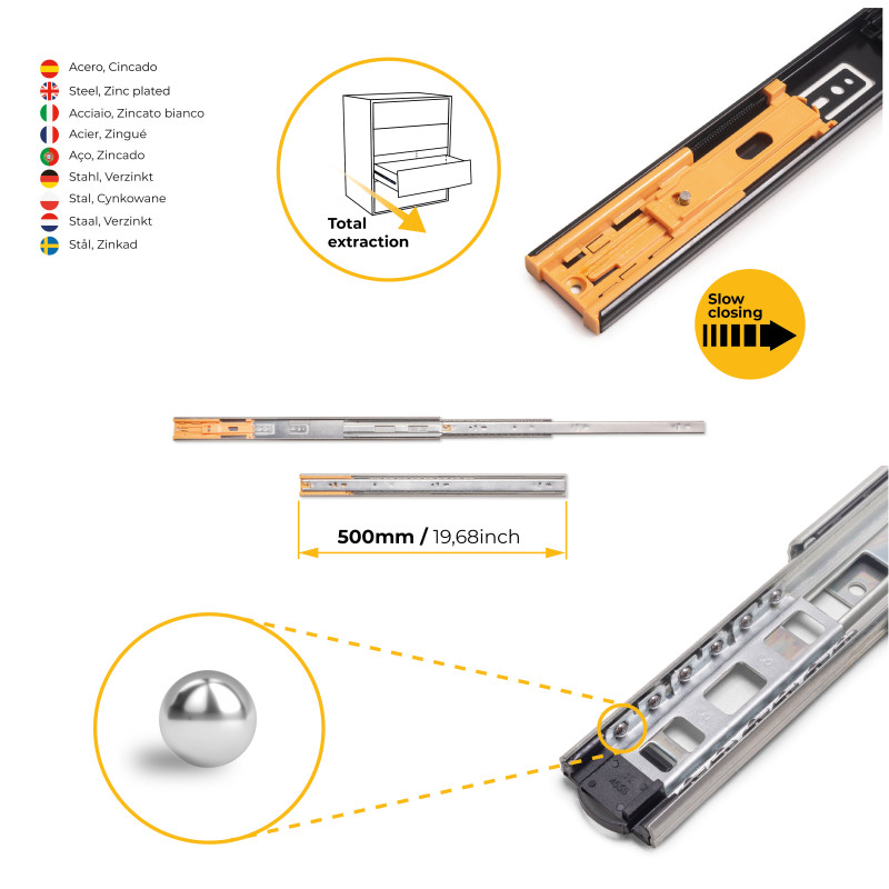 Set di guide a sfere per cassetti con estrazione totale e chiusura soft, altezza 45 mm, lunghezza 550 mm, Acciaio, Zincato
