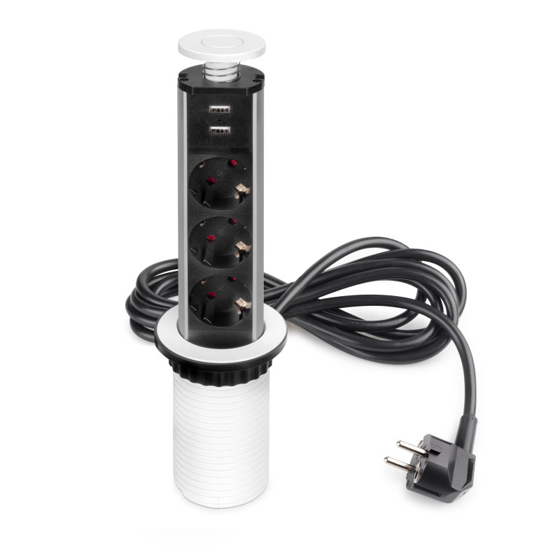Multipresa estraibile Vertikal, 3 prese Schuko, 2 USB tipo A, Tecnoplastica e Alluminio, Verniciato nero