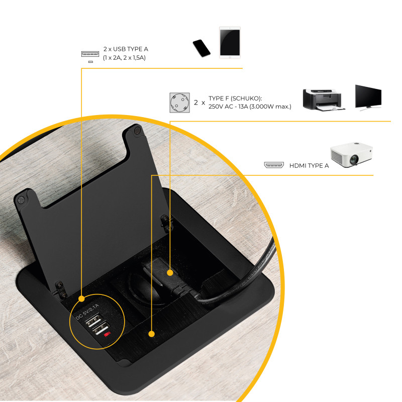 Multiconnettore da tavolo Atom 26 Lite, 225x111 mm, 2 prese Schuko, 1 USB Tipo A, 1 USB Tipo C, Zama-Acciaio-Plastica, Bia