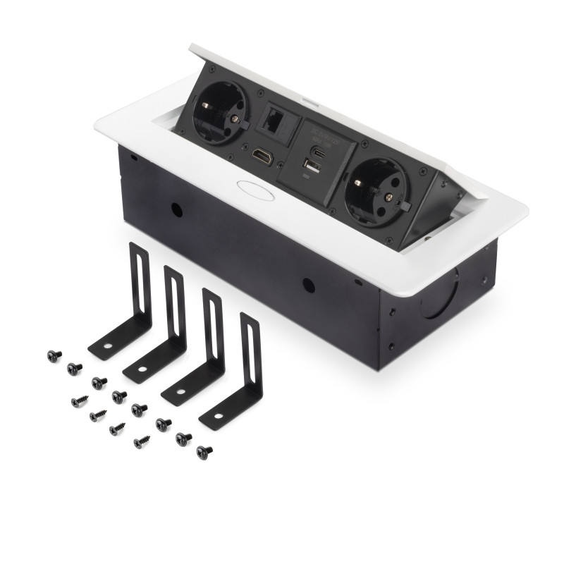 Multiconnettore Atom 26, 225x111mm, 2 prese Schuko, 1 USB Tipo A, 1 USB Tipo C, 1 RJ45, 1 HDMI, Zama-Acciaio-Plastica, Ner
