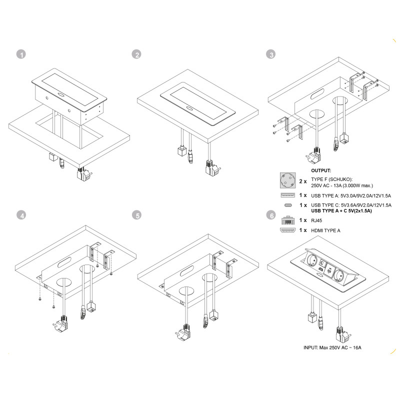 Multiconnettore Atom 26, 225x111mm, 2 prese Schuko, 1 USB Tipo A, 1 USB Tipo C, 1 RJ45, 1 HDMI, Zama-Acciaio-Plastica, Ner