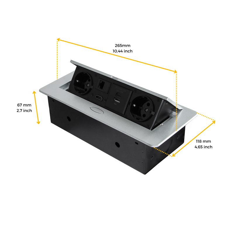 Multiconnettore con coperchio scorrevole Vertikal Flat 60, diametro 60 mm, 1 presa Schuko, 1 USB Tipo A, 1 USB Tipo C, Acc