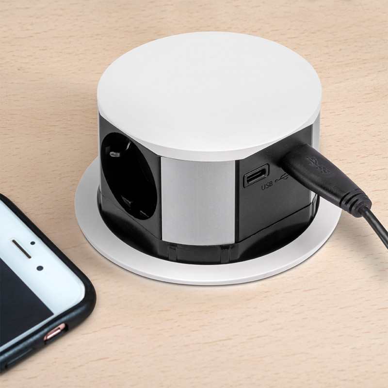 Multiconnettore Vertikal Push diametro 100mm, 3 spine di tipo Schuko, 1 USB tipo A, 1 USB tipo C, Acciaio e Tecnoplastica