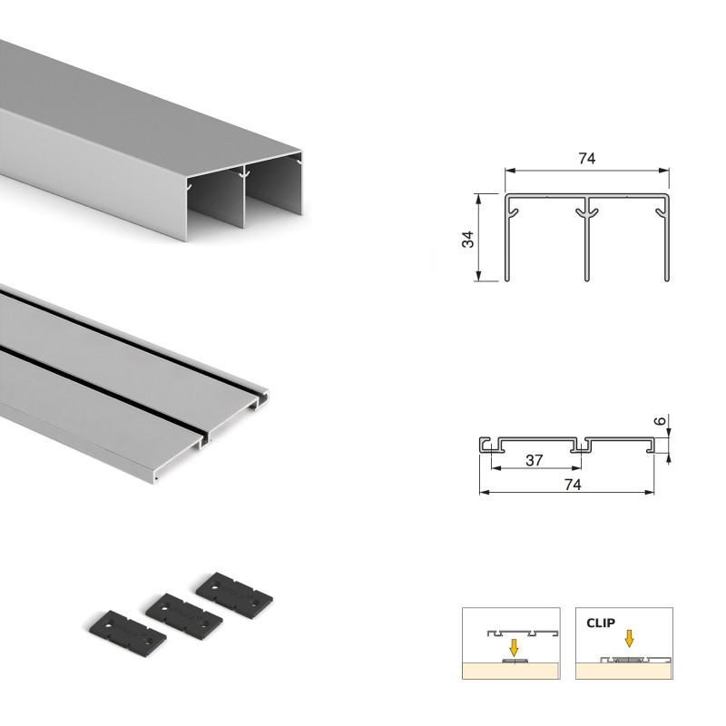 Kit di ferramenta per armadio a 2 porte scorrevoli e chiusura ammortizzata Neco, spessore 16 mm, pannelli non inclusi, Gri