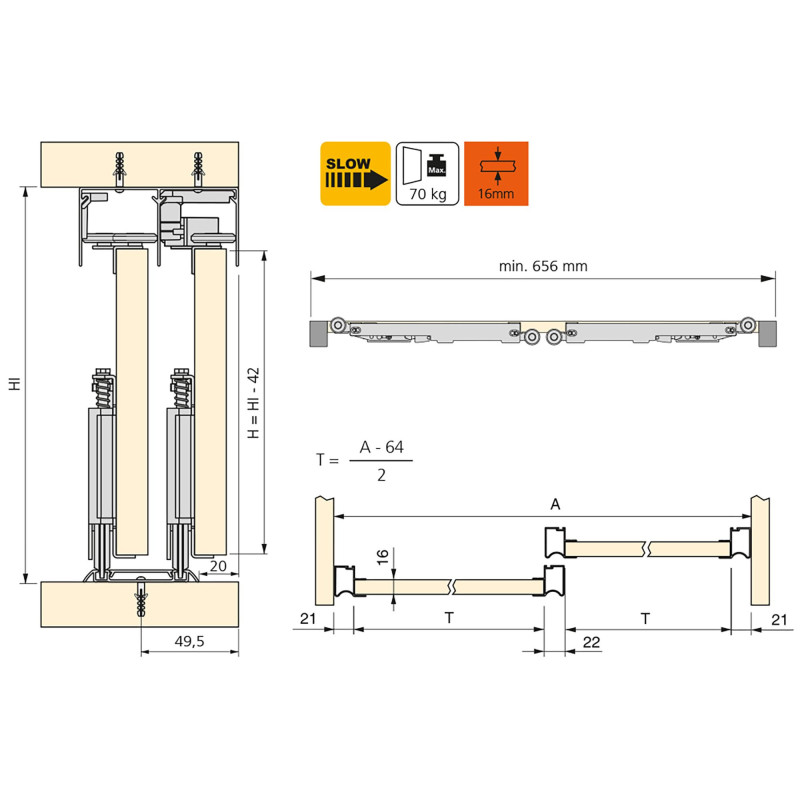 Kit di ferramenta per armadio a 2 porte scorrevoli e chiusura ammortizzata Placard 81, profilo Wave, spessore 18 mm, panne