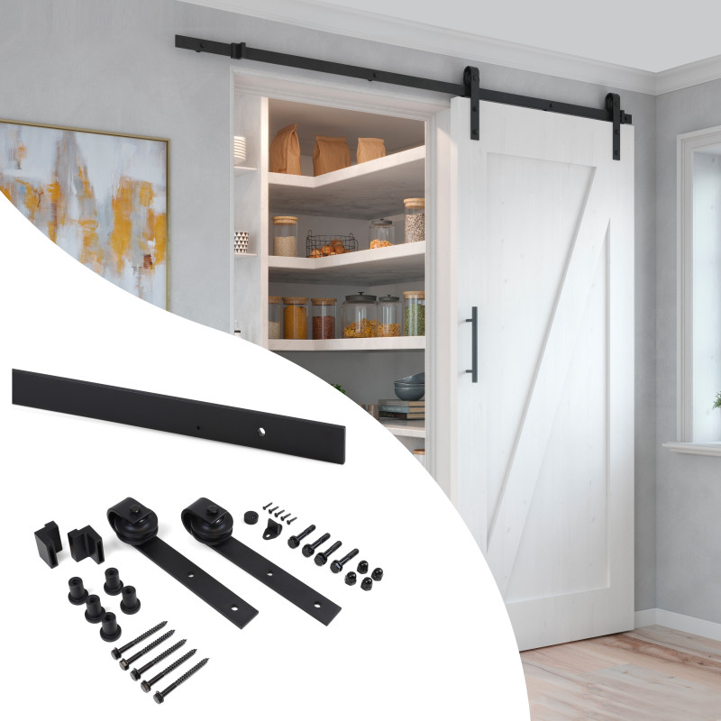 Kit di ferramentaper porta scorrevole appesa in legno Barn, con chiusura soft, pannelli non inclusi, Acciaio e Tecnoplasti