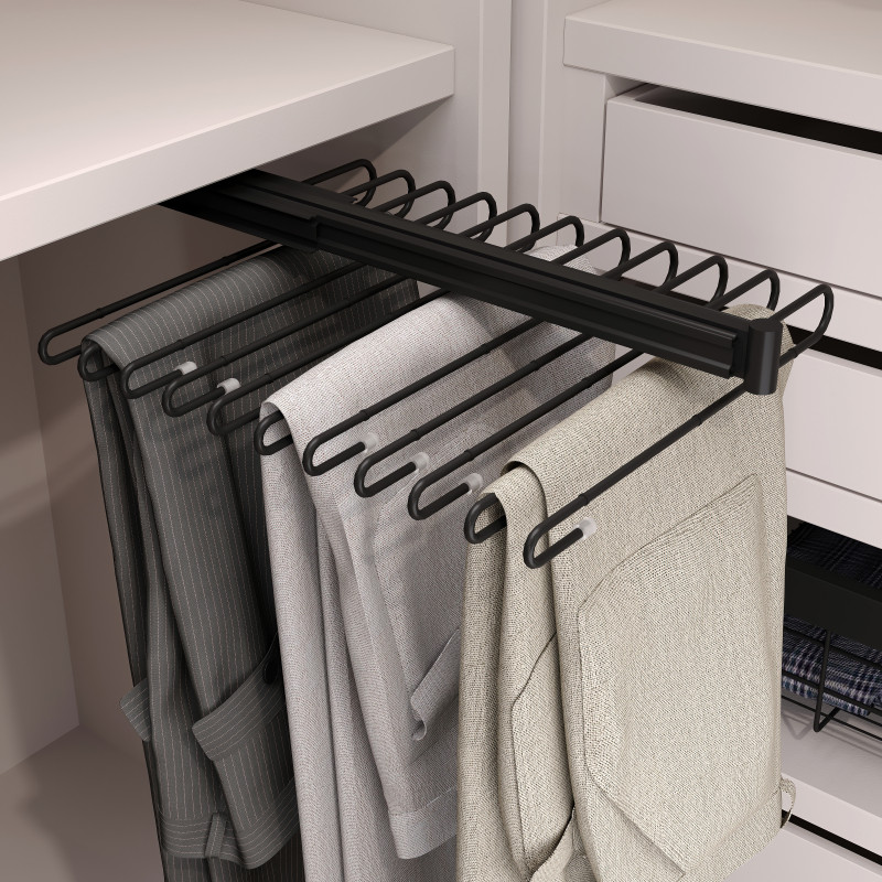 Portapantaloni estraibili, 11 aste, guide di estrazione totale, Acciaio, Verniciato grigio pietra