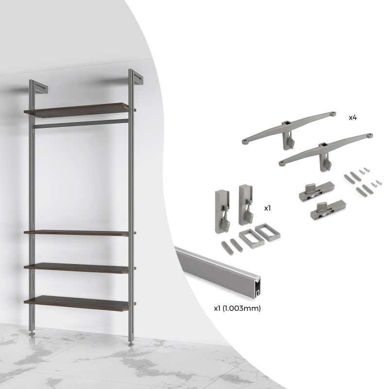 Kit di staffe per 4 ripiani in legno e 1 asta appendiabiti lunga 1 m Zero, Alluminio e Zama e Tecnoplastica, Verniciato ne