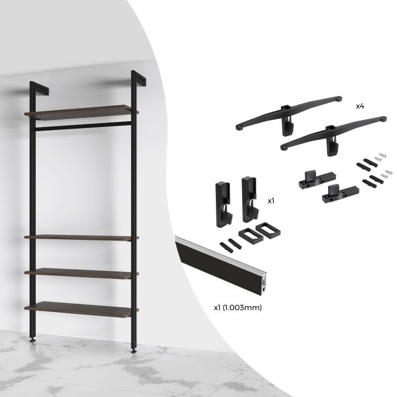 Kit di staffe per 1 ripiano in legno, 1 modulo e 1 asta di sospensione lunghezza 1m Zero, Zama, colore Grigio pietra verni