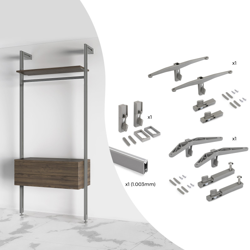 Kit di staffe per 1 ripiano in legno, 1 modulo e 1 asta di sospensione, lunghezza 1 m Zero, Zama, Verniciato nero testuriz