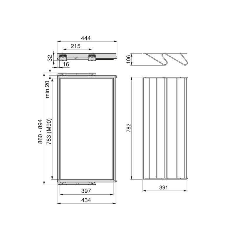 Kit di cestello in filo e telaio a scorrimento con chiusura ammortizzata per armadio, regolabile, modulo 600 mm, Grigio pi