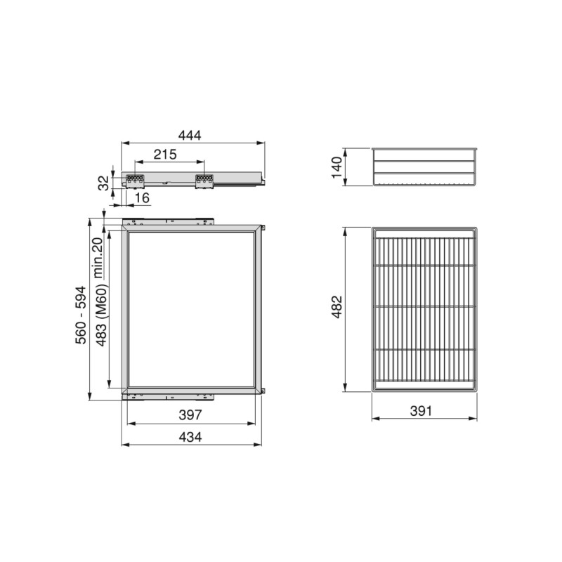 Kit di cestello in filo e telaio a scorrimento con chiusura ammortizzata per armadio, regolabile, modulo 800 mm, Grigio pi