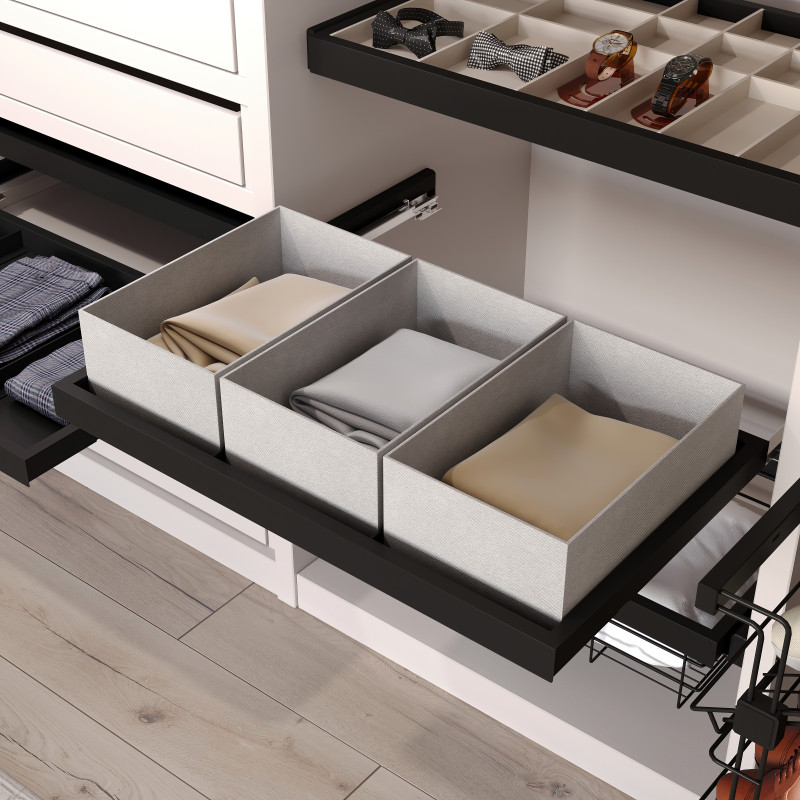 Kit di vassoio, 3 cestini organizzatori e telaio a scorrimento con chiusura ammortizzata per armadi, regolabile, modulo 90