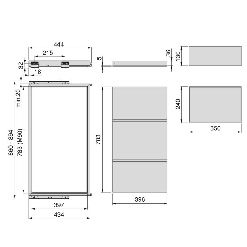 Kit di 7 aste portapantaloni e telaio a scorrimento Hack per armadi, chiusura ammortizzata, regolabile, modulo 600 mm, Gri