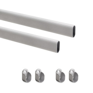Lotto di 2 tubi appendiabiti ovali 30x15mm per armadi lunghezza 1,15m con reggitubi, Acciaio e Zama, Cromato lucido