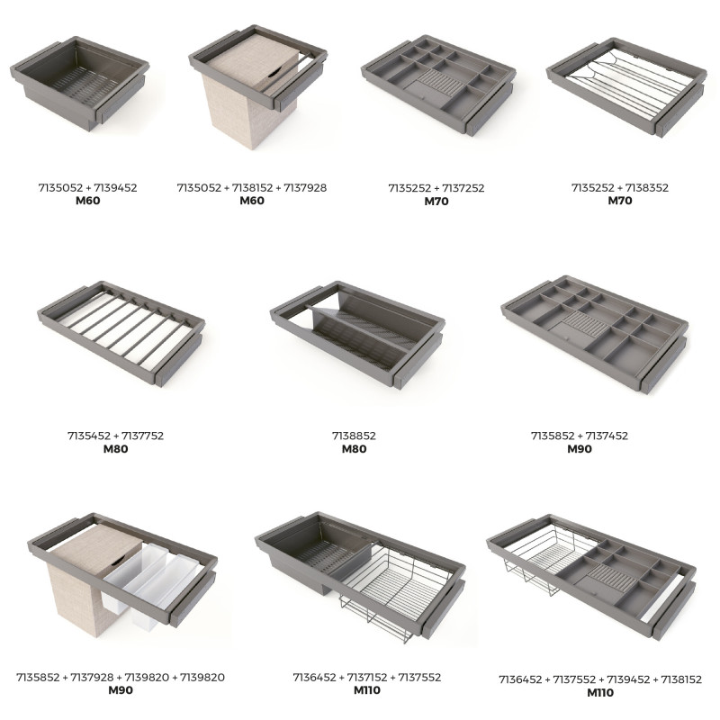 Kit 2 vassoio ausiliario, 1 cesto portabiancheria e telaio regolabile Quartz per armadi, chiusura ammortizzata e estrazion