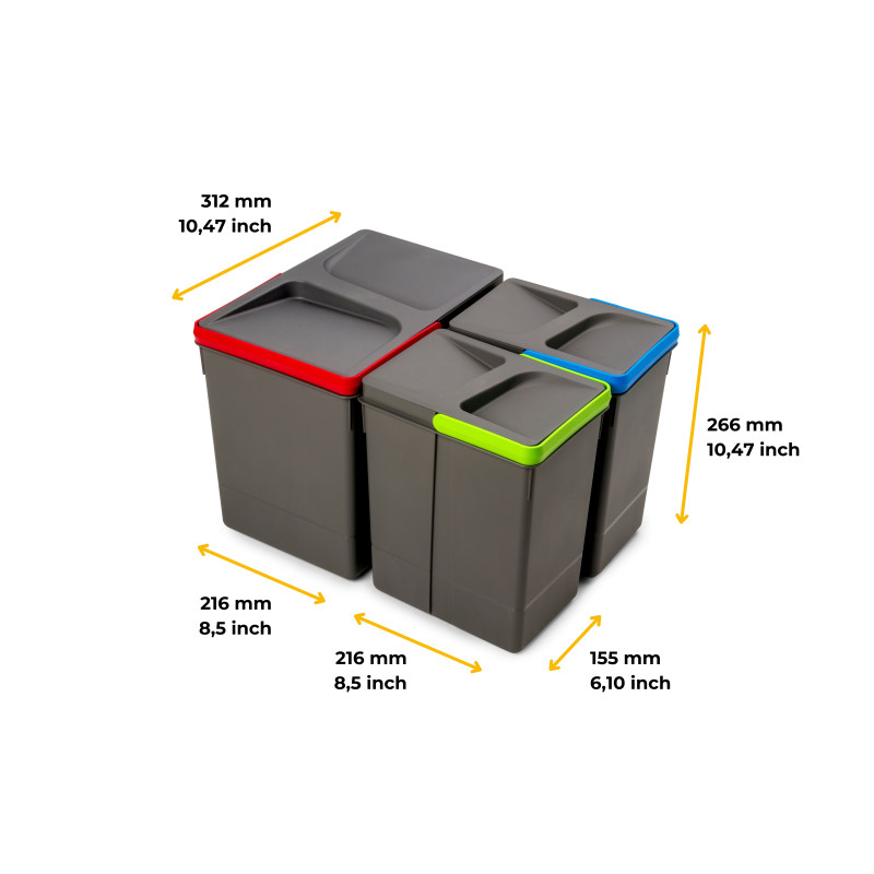 Kit di contenitori per la raccolta differenziata per cassetti da cucina Recycle Altezza Recycle 216 mm, 2x6 lt, Grigio ant