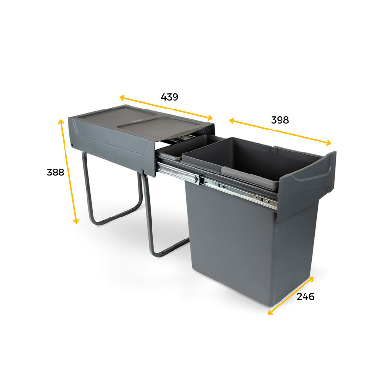 Kit di contenitori per la raccolta differenziata per cassetti da cucina Recycle Altezza Recycle 266 mm, 2x15 lt, Grigio an