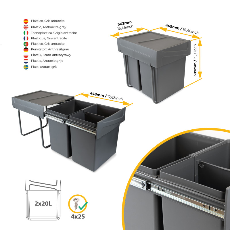 Kit di contenitori per la raccolta differenziata per cassetti da cucina Recycle Altezza Recycle 266 mm, 2x7 lt, Grigio ant