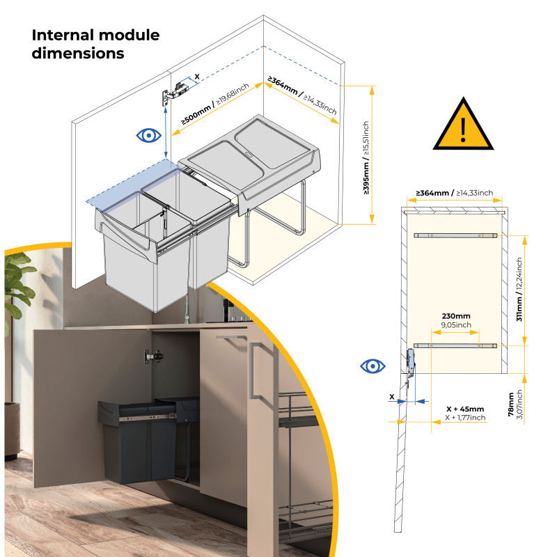 Kit di contenitori per la raccolta differenziata per cassetti da cucina Recycle Altezza Recycle 266 mm, 2x7 lt, Grigio ant