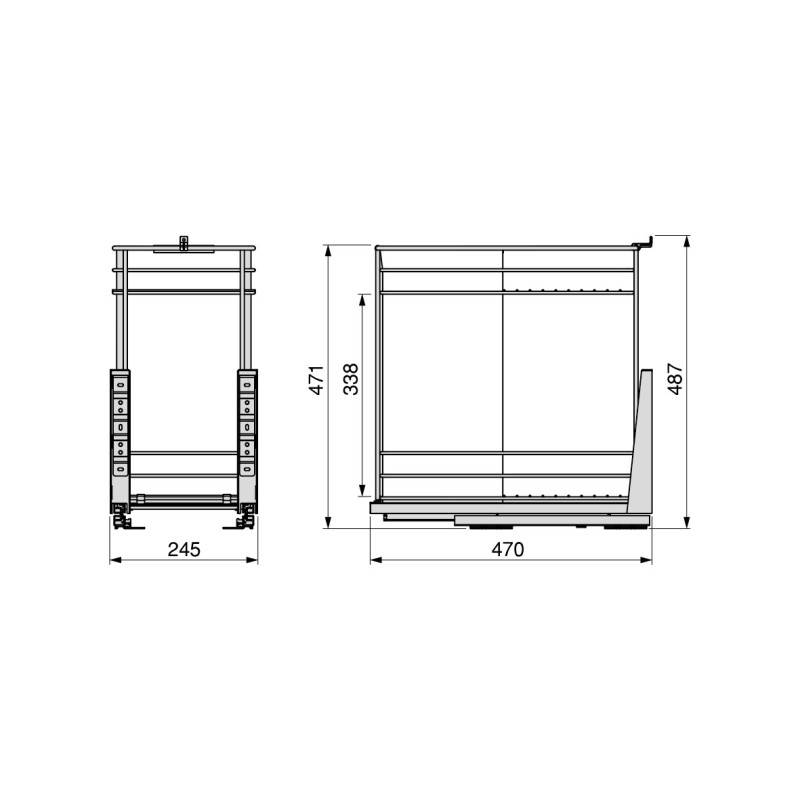 Portabottiglie estraibile SupraMax con chiusura soft, lato sinistro, 3 vassoi, unità 200 mm, Acciaio, Cromato lucido