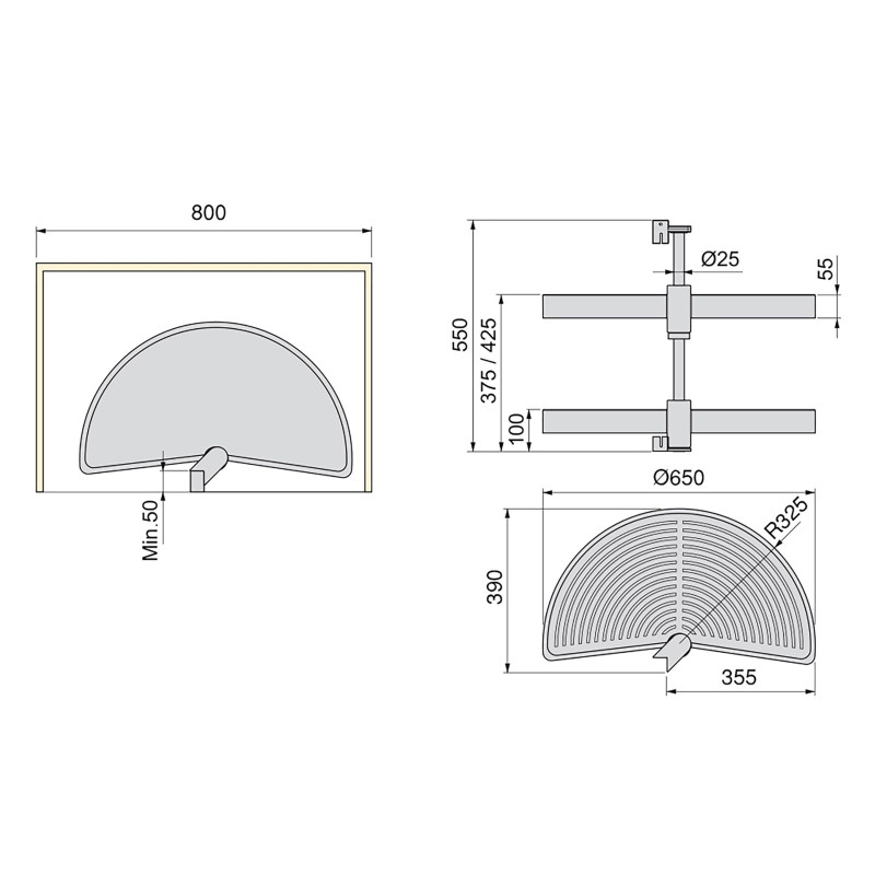 Set di piatti girevoli 3/4 Shelvo, per modulo da 800 mm, Tecnoplastica e Alluminio, Bianca