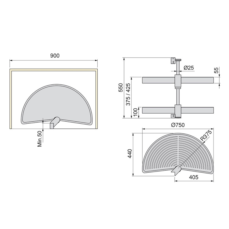 Set di piatti girevoli 3/4 Shelvo, per modulo da 900 mm, Tecnoplastica e Alluminio, Grigia