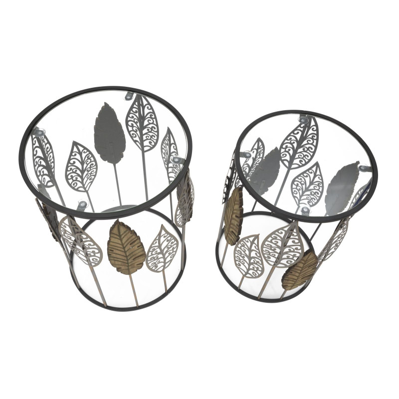 Tavolinetti In Ferro E Legno Foglie Coppia cm 38x55-33x50