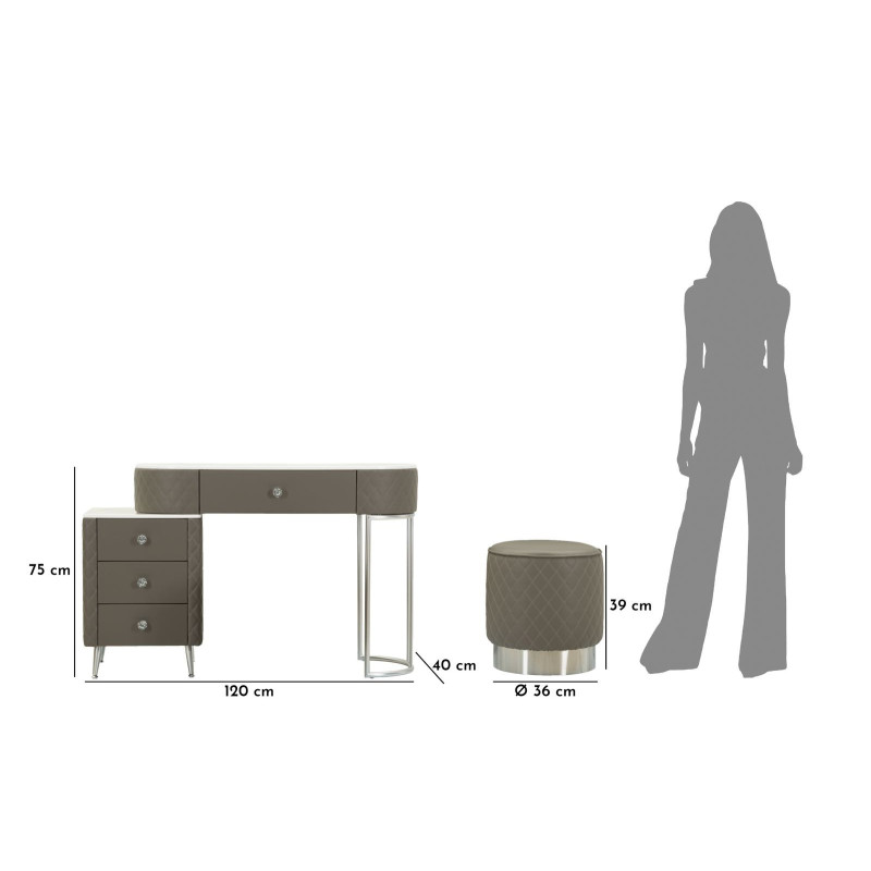 Toeletta Sharon Grigia Con Puff Gambe Argento cm 120x40x75 (misura Puff ø36x39)