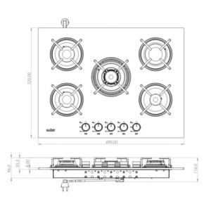 Zoom Piano cottura Samet Minerva 70 da incasso a gas 5 fuochi con manopole frontali in vetro bianco