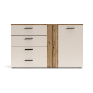 Zoom Credenza Frezo02 con 4 cassetti e 2 ante con dettaglio a listelli verticali colore cashmere e rovere evoque