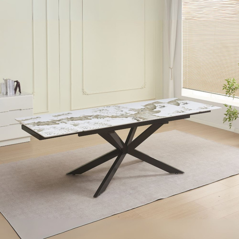 Tavolo allungabile Roxane con piano in ceramica effetto marmo arabesque M317 lucido e gambe in metallo nero