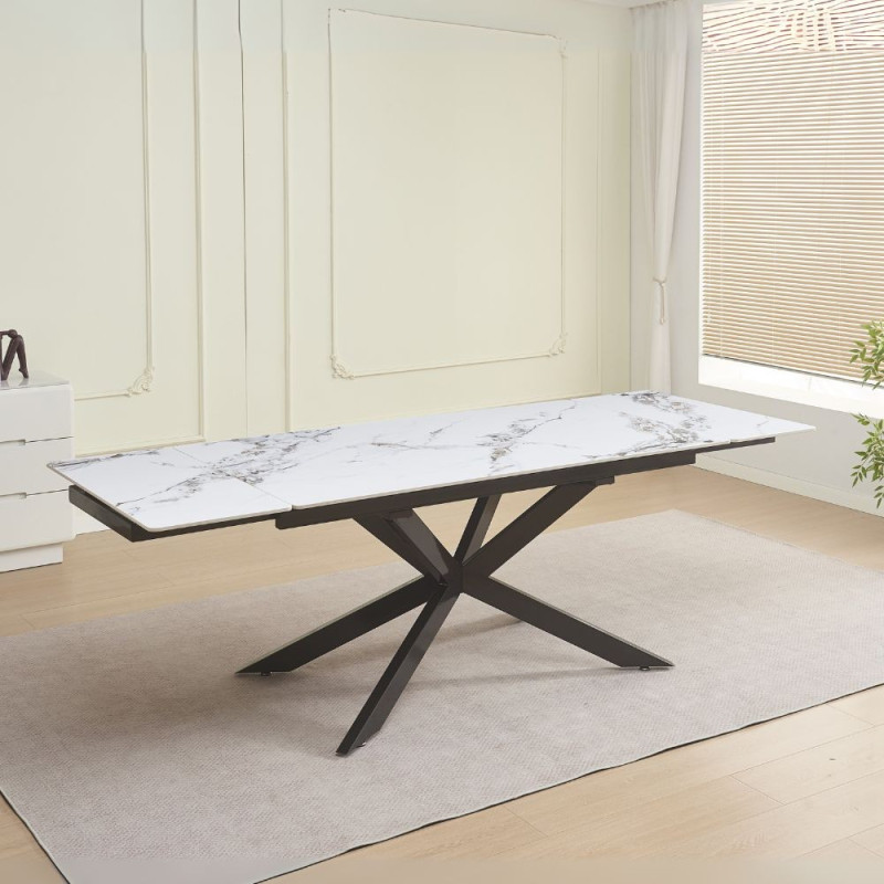 Tavolo allungabile Roxane con piano in ceramica effetto marmo bianco M346 lucido e gambe in metallo nero