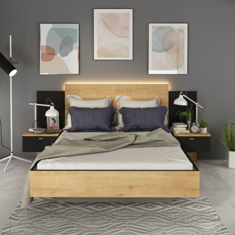 Struttura letto alla francese 1517 con comodini integrati colore rovere e nero