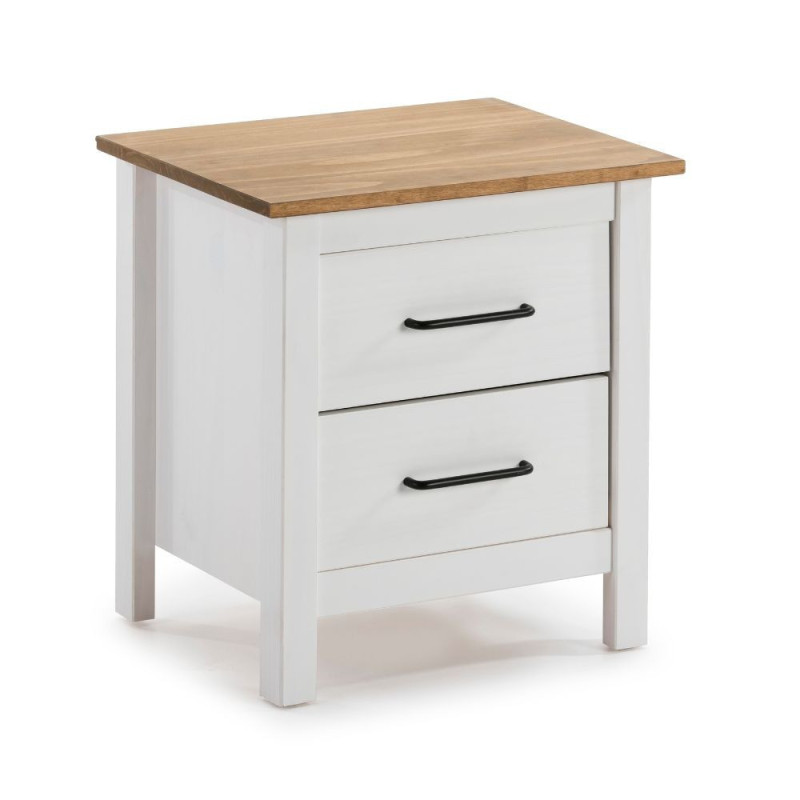 Comodino Miranda 2 cassetti in legno massiccio bianco e top pino