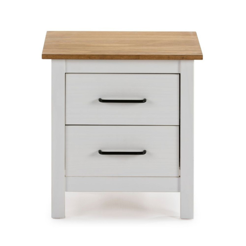 Comodino Miranda 2 cassetti in legno massiccio bianco e top pino