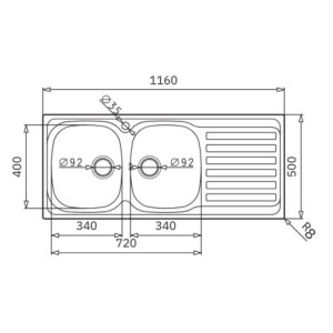 Zoom Lavello incasso monostampo Adriatico116 con 2 vasche sinistre e gocciolatoio destro