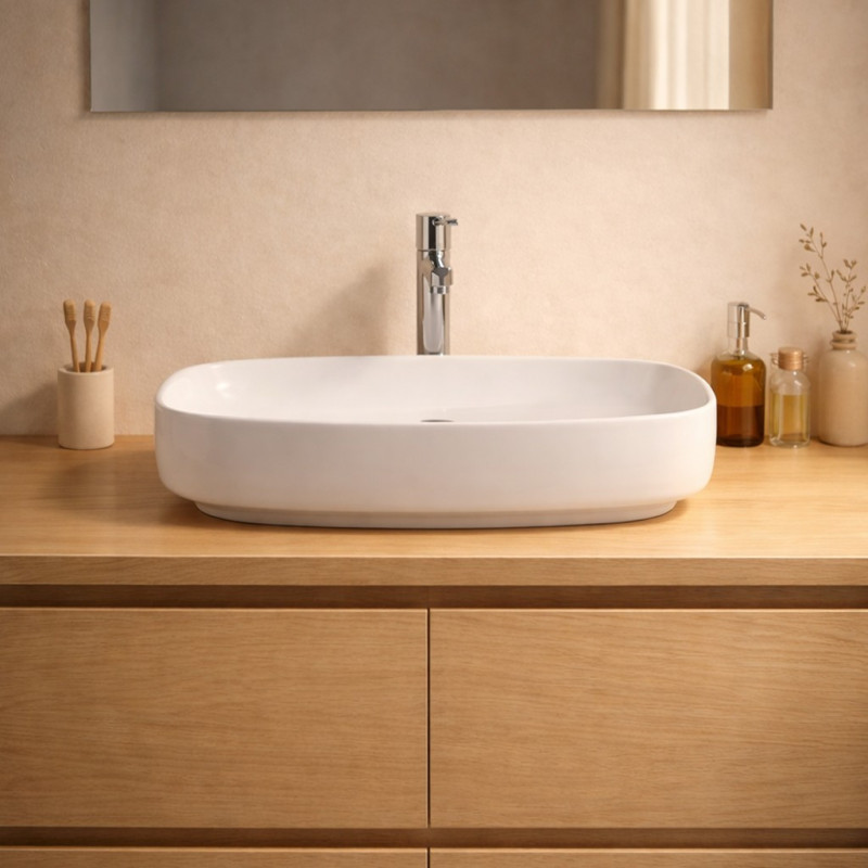 Lavabo da appoggio LAV43560 in ceramica 60x38x14 cm bianco lucido