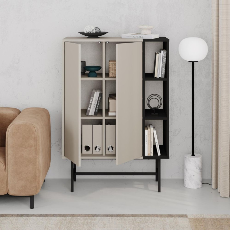 Mobile multiuso Mona con due ante cashmere e tre nicchie a giorno nere