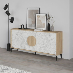 Zoom Madia Gora 180 cm struttura colore rovere con ante carrara effetto marmo bianco