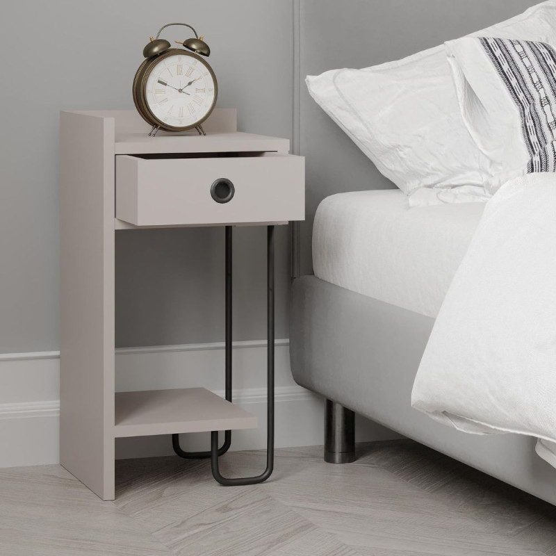 Comodino Sirius con cassetto colore tortora e gamba in metallo nero sinistro