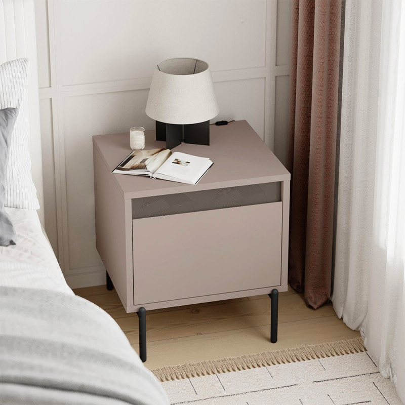 Comodino Mott con cassetto tortora e dark coffee con dettaglio decorativo