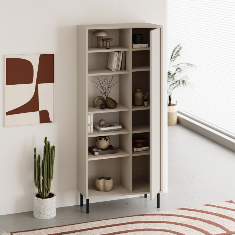 Libreria Frem con anta e 6 nicchie a giorno colore cashmere