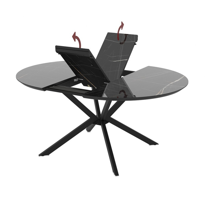 Tavolo allungabile Dobok con allunga 34 cm con piano effetto marmo nero con dettagli oro lucido e gambe in metallo nero